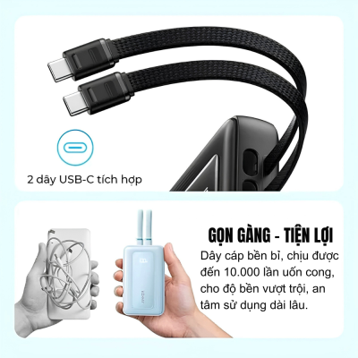 Pin Dự Phòng Anker Zolo 20000mAh 45W - A110M (Tích Hợp Sẵn 2 Cáp USB-C) - Hàng Chính Hãng Pin Dự Phòng Anker Zolo 20000mAh 45W - A110M (Tích Hợp Sẵn 2 Cáp USB-C) - Hàng Chính Hãng - <h2>Pin dự phòng Anker Zolo 20000mAh 45W - <strong>A110M</strong> là trạm sạc di động mạnh mẽ tích hợp sẵn 2 cáp USB-C tiện lợi. Với công suất 45W, <strong>A110M</strong> sạc nhanh hiệu quả cho iPhone, iPad và cả MacBook Air. Dung lượng 20.000mAh cùng cổng USB-A bổ sung cho phép bạn sạc cùng lúc 3 thiết bị trong mọi chuyến đi. Đặc biệt, model <strong>A110M</strong> hỗ trợ đầu vào 30W giúp tái nạp đầy pin chỉ trong 2.5 giờ.</h2>