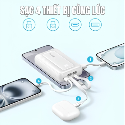 Pin Dự Phòng Anker Zolo 20000mAh 45W - A110M (Tích Hợp Sẵn 2 Cáp USB-C) - Hàng Chính Hãng Pin Dự Phòng Anker Zolo 20000mAh 45W - A110M (Tích Hợp Sẵn 2 Cáp USB-C) - Hàng Chính Hãng - <h2>Pin dự phòng Anker Zolo 20000mAh 45W - <strong>A110M</strong> là trạm sạc di động mạnh mẽ tích hợp sẵn 2 cáp USB-C tiện lợi. Với công suất 45W, <strong>A110M</strong> sạc nhanh hiệu quả cho iPhone, iPad và cả MacBook Air. Dung lượng 20.000mAh cùng cổng USB-A bổ sung cho phép bạn sạc cùng lúc 3 thiết bị trong mọi chuyến đi. Đặc biệt, model <strong>A110M</strong> hỗ trợ đầu vào 30W giúp tái nạp đầy pin chỉ trong 2.5 giờ.</h2>