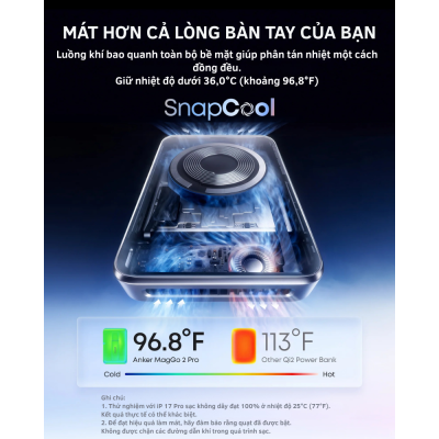 Sạc Dự Phòng Không Dây Anker MagGo 2 Pro A110R - 10000mAh - Qi2.2 - 25W -USB-C PD 45W - Quạt SnapCool Sạc Dự Phòng Không Dây Anker MagGo 2 Pro A110R - 10000mAh - Qi2.2 - 25W -USB-C PD 45W - Quạt SnapCool - <strong>Anker MagGo Power Bank 2 Pro A110R</strong> là pin sạc dự phòng Polymer 10.000mAh cao cấp, nổi bật với sạc không dây Magnetic chuẩn Qi2.2 công suất lên đến 25W và sạc có dây USB-C Power Delivery tối đa 45W. <strong>A110R</strong> được trang bị hệ thống làm mát chủ động bằng quạt kết hợp công nghệ SnapCool và tản nhiệt Graphene 3 lớp, giúp kiểm soát nhiệt độ trong quá trình sạc. Sản phẩm còn có màn hình màu thông minh hiển thị dung lượng pin, công suất đầu ra và chế độ quạt. Với thiết kế nhỏ gọn 220g, <strong>A110R</strong> là lựa chọn tiện lợi cho người dùng smartphone, máy tính bảng và các thiết bị USB-C khi đi làm, du lịch hoặc công tác.